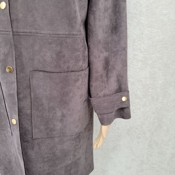 BLVD Dark Gray Poly Sueded Long Line Trench Coat Duster Jacket Snap Closures - Picture 2 of 15